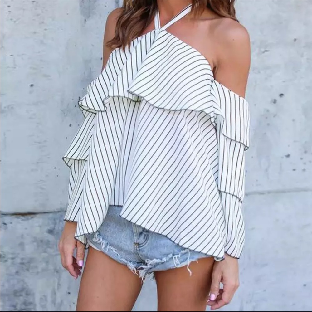 Stripes halter offshoulder ruffle frill sleeve top